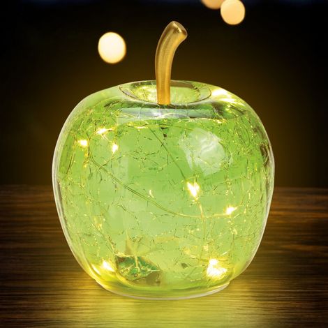 LED Glas Apfel 11 cm mit Timer - grün - Deko Frucht in Bruchglas Optik