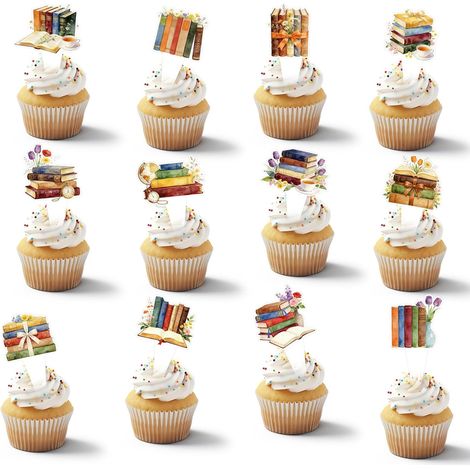 48 book-themed cake toppers, vintage baby shower decorations, library-themed cupcake decorations (1/5)