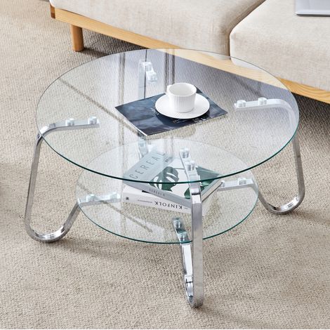 Mesa de centro redonda de vidrio templado de doble nivel, Ø 80 cm, plata DESVIAE (1/5)