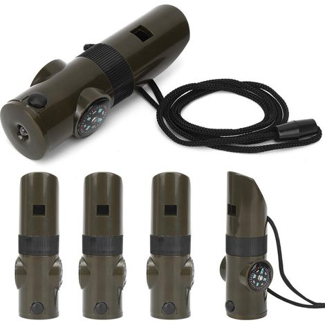 Sifflet - Kit de survie - avec lampe LED, thermomètre, boussole - Sifflet d'urgence - 7 en 1 - idéal pour la randonnée, le camping et l'alpinisme - 4 pièces