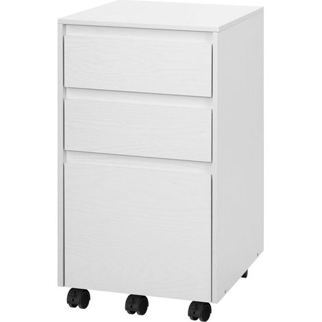 WOLTU Archivador de oficina de madera con 3 cajones y ruedas, color blanco y negro