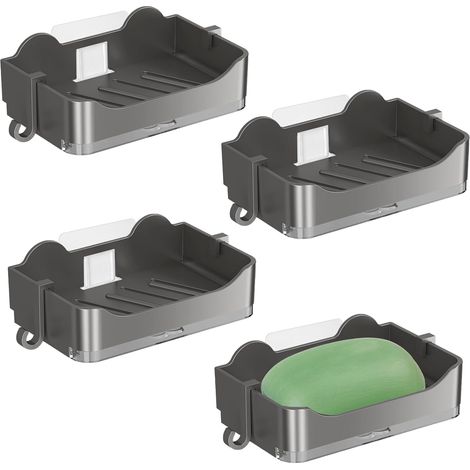 4er-Set selbstklebende Seifenschalen – mit Abtropffläche, Haken, Ablauf, wasserdicht, rostfrei – 13,2 × 7,9 × 3,6 cm – für Dusche und Küche