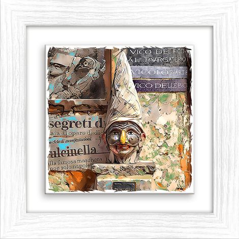 Lupia - Quadro moderno con paesaggi e localismi italiani, Ceramica e Stampa Rilievo, Cornice Legno Shabby Modern bianca, Decorazione Parete Quadretti Soggiorno 29x29 cm NAPOLI VICO DEL FICO PULCINELLA (1/4)