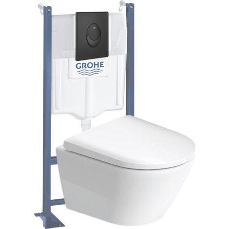Pack inodoro suspendido compacto DURAVIT D-Neo sin montura + estructura soporte GROHE Rapid SL Project + asiento + placa negro mate
