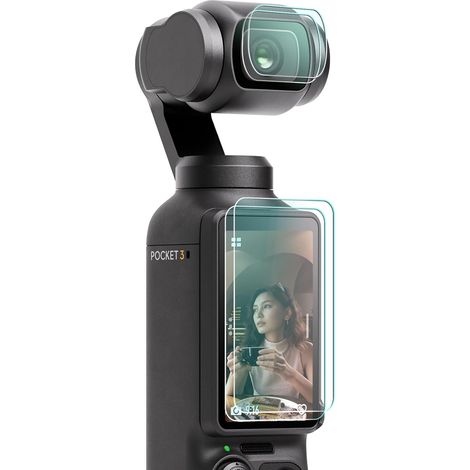 protectores de lente y 2 protectores de pantalla LCD para DJI Osmo Pocket 4/3 y Pocket 3 OP3. Accesorios fabricados en vidrio templado con dureza 9H, táctiles y de protección total de la pantalla.