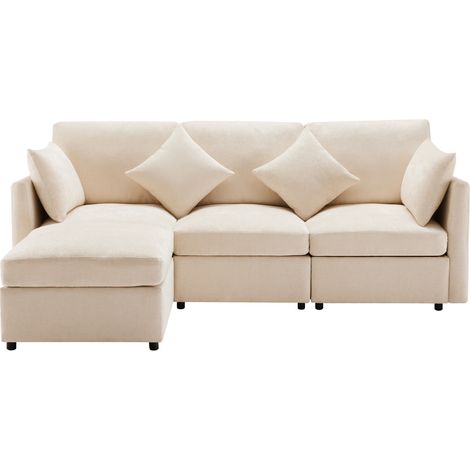 Canapé 4 Places 216x161x81 Cm En Chenille Beige, Méridienne Modulable Avec Pouf Et 4 Coussins (1/5)