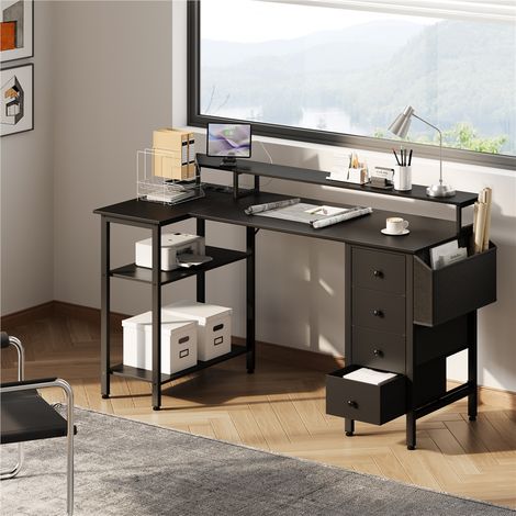 Homevive Escritorio de Ordenador en Forma L con 4 Cajones Mesa Escritorio de Computadora con Soporte para Monitor 2 Enchufes y 2 Puertos USB para Oficina Negro 140 × 68 cm