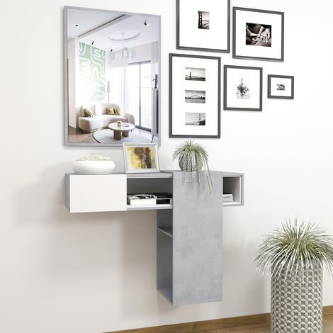 Mobile Danzica Mobiletto da Ingresso Mensola Sospesa con Specchio E Ripiani Scorrevole Arredo Arredamento Sala 100 x 31.5 x 75 cm Colore Grigio Scuro E Grigio Chiaro - Colore: Grigio Scuro e Grigio Ch