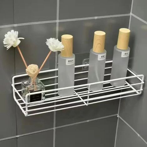 Étagère de salle de bain (rectangulaire blanche) murale d'angle avec rangement, porte-shampoing, étagère à cosmétiques, panier de douche en fer, organisateur de salle de bain (1/5)