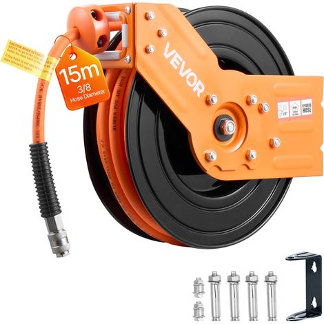 Enrouleur Tuyau Air Comprimé 15 m x 9,5 mm Dévidoir Tuyaux Compresseur Air Pression Max 20,7 bar Enrouleur Automatique Tuyaux Hybrides avec Tuyau Arrivé 1 m, Fixation Mur Plafond, Bras Simple (1/5)