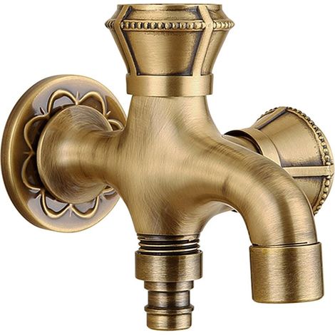 Doppelhahn, antiker, geschnitzter Wasserhahn für den Garten, massiver Messing-Doppelhahn mit Einhebelmischer, Vintage-Wandhahn für Waschmaschine. (1/4)