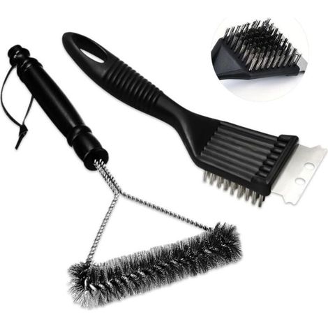 Brosse métallique nettoyage barbecue 2 en 1, brosse pointue + grille bouclée acier inox, kit nettoyage noir (1/4)