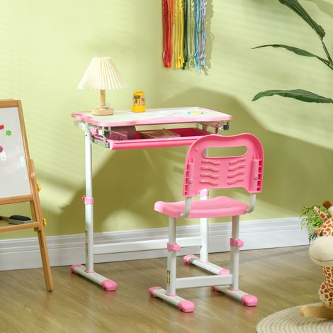 Conjunto de escritorio y silla infantil, escritorio ajustable para estudiantes, con cajón, ranura para bolígrafos y gancho - Rosa