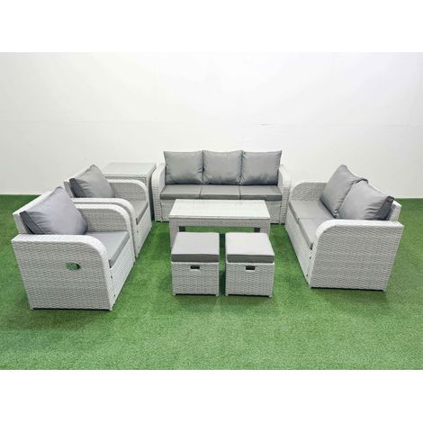 Fimous PE Rattan Garden Furniture Set Adjustable Chair Sofa Double Love Seat 2 Seater Sofa Lounge Set Rectangular Coffee Table 2 Stools Side Table Light Grey (1/4)