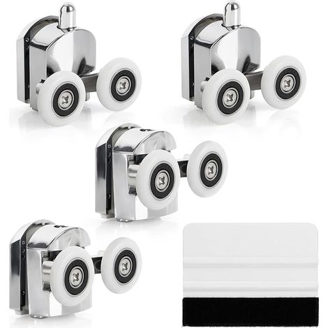 FOREHILL Lot 4 Roulette Porte Coulissante Douche - Porte de Douche en Alliage de Zinc Diamètre 23mm - Cabine de Douche Salle de bain avec Fixations et Raclette