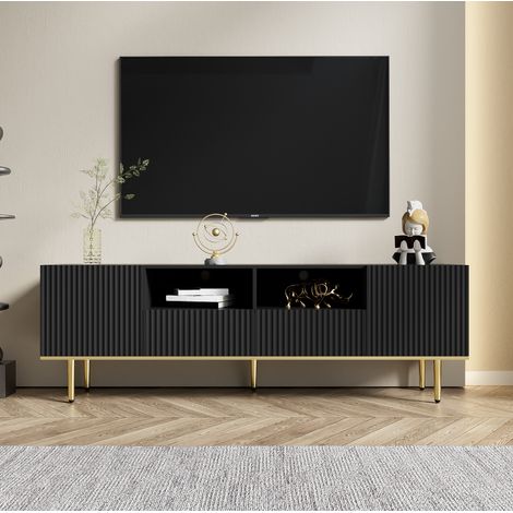 TV-Schrank 165x36x55 cm schwarz aus Holzwerkstoff mit goldenen Beinen und grifflosen Türen (1/5)