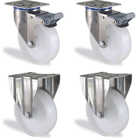 Lot roulettes pivotante à frein et fixe inox polypropylène diamètre 150mm charge 540kg