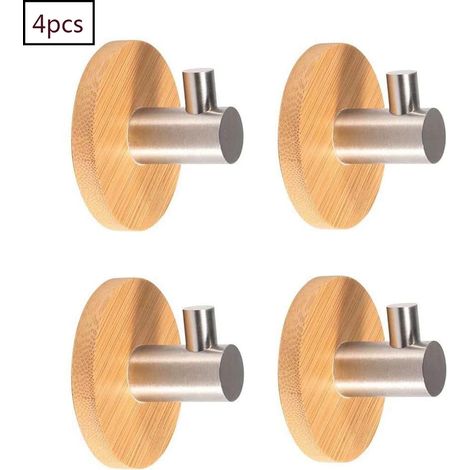 Crochet Adhésif - Bois De Bambou Et Acier Inoxydable - Pour Cuisine Salle De Bain Toilette - 4 Pièces (1/5)