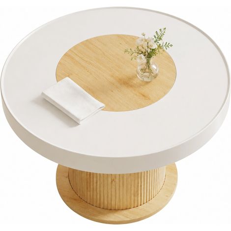 CHICFURN Table basse ronde à plateau bicolore blanc et aspect bois, pied cylindre rainuré, base stable, meuble compact pour salon, petite pièce, 75 cm, MDF PVC (1/5)