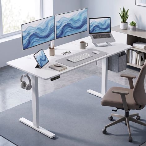 Bureau réglable en hauteur avec fonction mémoire, 2 passe-câbles et affichage LED, bureau assis-debout, blanc (1/5)