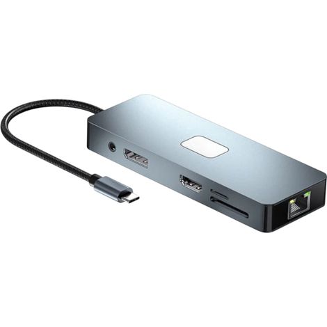 Hub BYL-2309 11 en 1 USB Tipo-C a HDMI/microUSB/VGA/RJ45/USB3.2/Jack 3.5mm/USB Tipo C 100W Plata