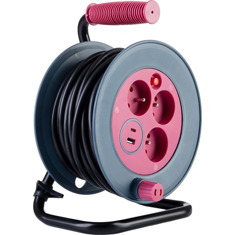 Zenitech – Enrouleur électrique 3 prises 2 ports USB-A/C – Câble 12m – Tension 5VDC-2400mA – Coupe-circuit intégré – Cadre acier galvanisé