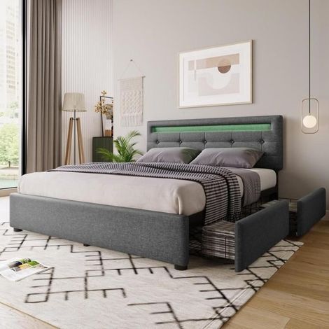 Lit - KOMHTOM - 140x200 LED télécommandable - 4 tiroirs - Tête ajustable - Sommier à lattes inclus - Gris (1/5)