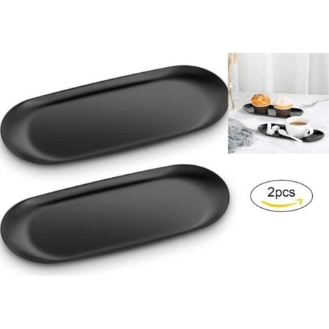 (Black) Serving Plate - Stainless Steel - Black - Oval - Set of 2 - 23 x 9.5 x 1.1 cm (1/4)