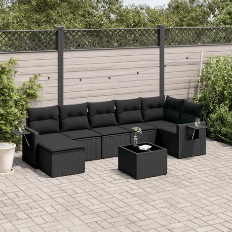 8-tlg. Garten-Sofagarnitur mit Kissen Schwarz Poly Rattan (1/3)