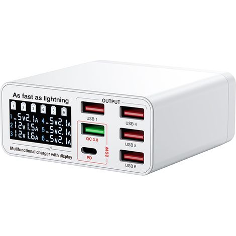 Chargeur multi-ports intelligent 6 ports USB + Type-C — Avec charge rapide et écran LCD — Station de charge de bureau 40 W