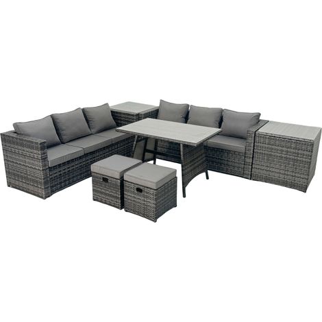 Fimous Rattan Dining Table Sofa Set with 2 Side Tables Small Footstool Outdoor Garden Furniture Set Dark Grey Mixed (1/5)
