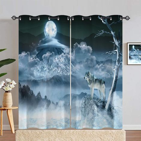 Rideau Occultant Hiver Forêt Montagne Lune Loup Tenture Opaque à Oeillets Draperies Intérieurs Rideau Thermique Isolant pour Maison Chambre Salon Fenetre 2 Pièces L 140 x H 280 cm - 140L X 280H cm (2 (1/5)