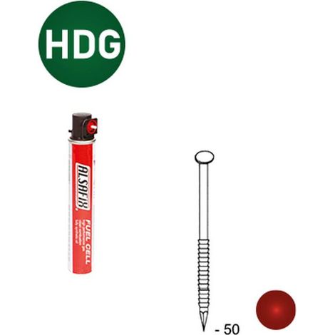 2 200 Pointes Annelées (Hdg) Rouges en Bande 34° (Pack) - 2.5x50 mm + 2 Cartouches de Gaz Rouge - D-Work (1/5)