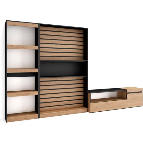 Skraut Home - Mobile Soggiorno TV, Parete Attrezzata Soggiorno, 320x186x35cm, Set di mobili, Stile moderno, Rovere e nero (1/5)