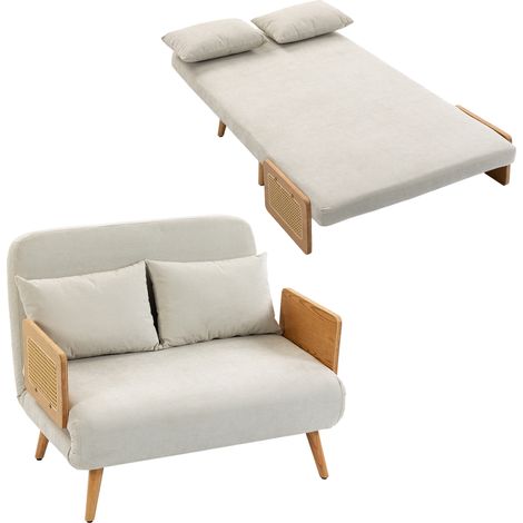 Canapé convertible 2 places - HOMCOM - dossier réglable - 2 oreillers - chenille et bois - 103 x 78 x 82 cm - crème (1/5)