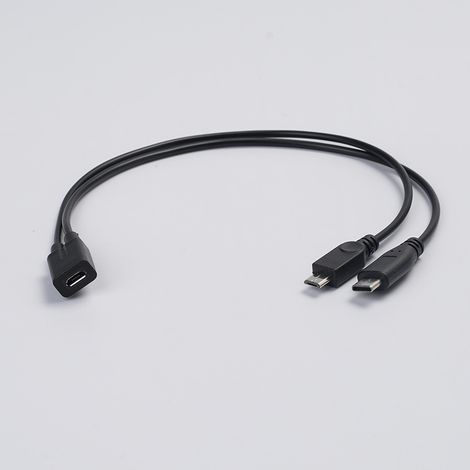 Weiblicher Mikrostecker auf zwei männliche Mikrostecker und einen männlichen Typ-C-Stecker zum Laden von Mobiltelefonen, Tablets und kleinen Haushaltsgeräten. (1/4)