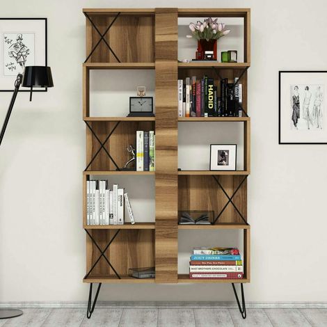 Bibliothèque moderne effet noyer à croisillons noirs JENA (1/5)