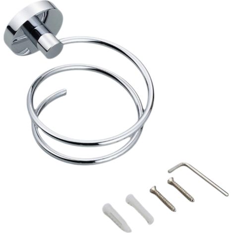 Soporte en espiral para secador de pelo, acero inoxidable cromado, diseño compacto, almacenamiento de pared, para baño y cocina. (1/5)
