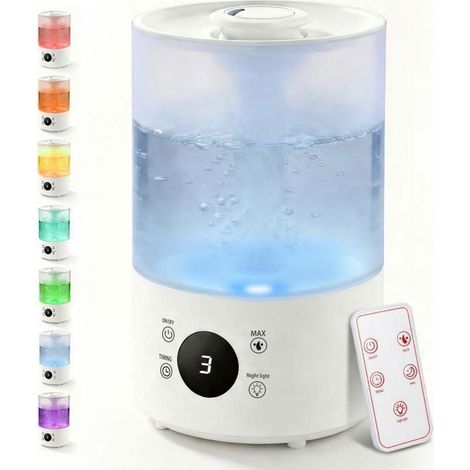 1 humidificateur 4L, brume froide 300ml/h, buse 360° avec veilleuse LED 7 couleurs pour chambre bébé, bureau et plantes (1/5)