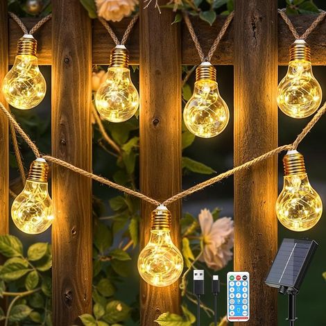 Guirlande lumineuse solaire extérieure, 24 ampoules 12M, guirlande résistante aux intempéries, 8 modes, minuterie, dimmable, USB, pour jardin balcon terrasse mariage fête vintage (1/5)