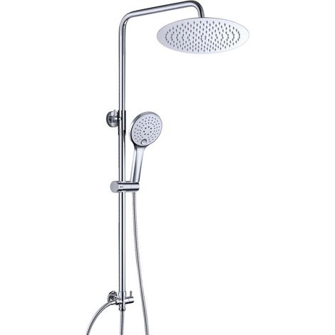 JOHO Duschsäule ohne Armatur – Regendusche 20 cm rund aus Edelstahl – Höhen- und winkelverstellbare Duschstange – Handbrause mit 3 Strahlarten – Chrom