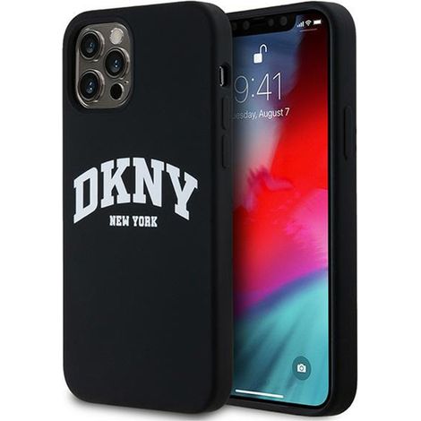 Custodia Dkny in silicone liquido con logo stampato bianco MagSafe per iPhone 12 / iPhone 12 Pro (nera) (1/5)
