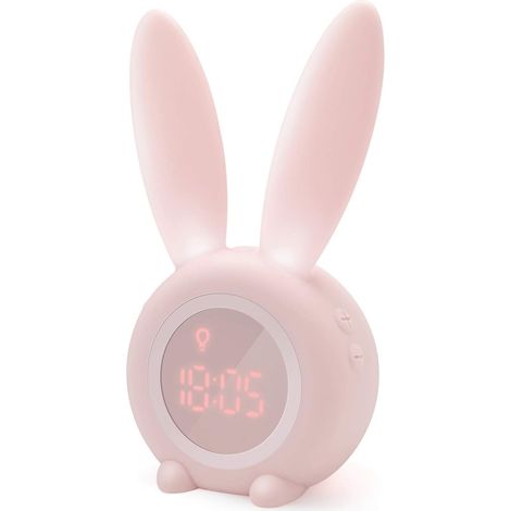 Réveil matinal à induction en forme de lapin mignon, réglage automatique intelligent de la lumière respiratoire, affichage automatique de l'heure/date/température, commande vocale ou --rose clair-Fei (1/5)