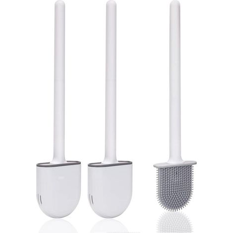 Brosse WC, (2 pièces) Brosse Toilette Silicone, Balai Toilette, Avec des Poils Doux et Une Poignée Antidérapante (Blanc 2) (1/5)