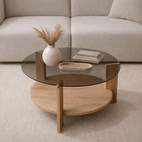 Runder Couchtisch Eiche Melamin Rauchglas Ø75 cm - Kairo