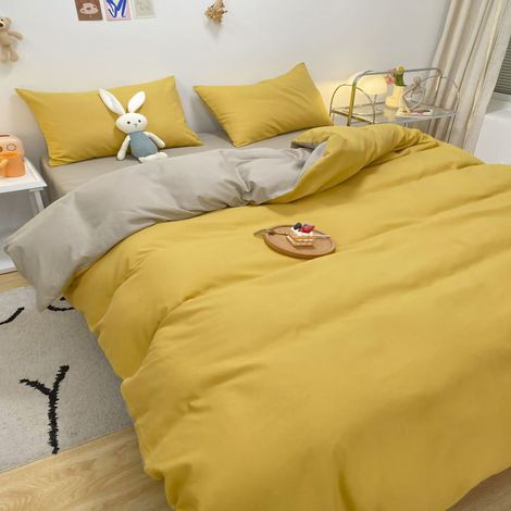 Housse de couette unie et taie d'oreiller en coton lavé, chauffant et respirant, parure de lit beige 1,2 m (lot de 3 pièces) (1/5)