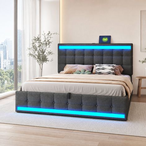 Cama con almacenaje 180x200 hidráulica con LED RGB, USB y cabecero regulable gris HAVRYA (1/5)