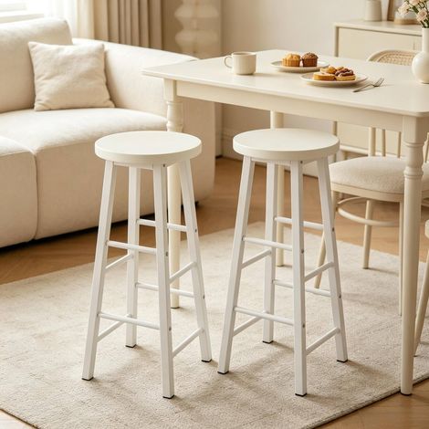 Lot de 2 tabourets de bar blancs, hauteur d’assise env. 71 cm, repose-pieds, MDF et métal (1/4)