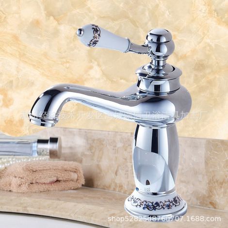 Robinet lavabo cuivre rétro, eau chaude/froide, porcelaine bleu et blanc (court + 2 tuyaux 60 cm) (1/5)