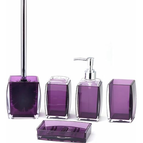 Ensemble complet d'accessoires de salle de bain 5 pièces en résine/acrylique, distributeur de lotion/savon, porte-savon, porte-brosse à dents, gobelet, brosse WC et support, décoration de salle (1/5)